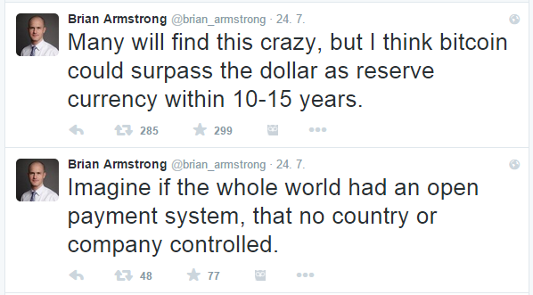 Brian Armstron tweetuje o bitcoinu